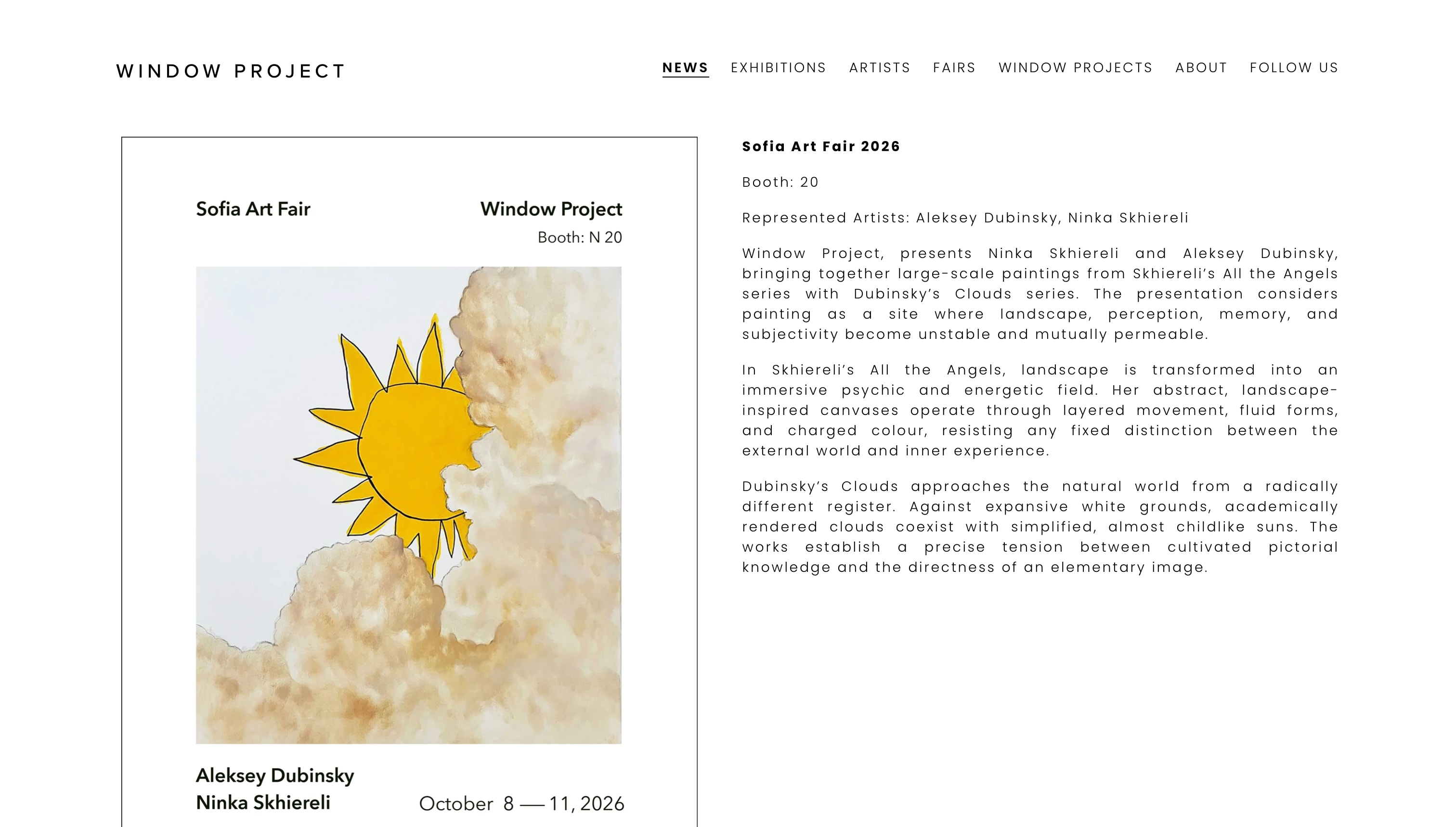 The Window Project website: a Sofia Art Fair poster with a painted yellow sun beside the fair's text, under a thin uppercase navigation